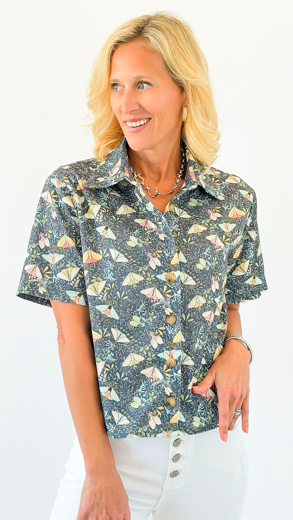 Flutter Field Moth Print Shirt-110 short Sleeve Top-SM Wardrobe Inc-Coastal Bloom Boutique, find the trendiest versions of the popular styles and looks Located in Indialantic, FL