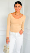Seamless Reversible V-Neck Long Sleeve - Nude-130 Long Sleeve Tops-YELETE-Coastal Bloom Boutique, find the trendiest versions of the popular styles and looks Located in Indialantic, FL
