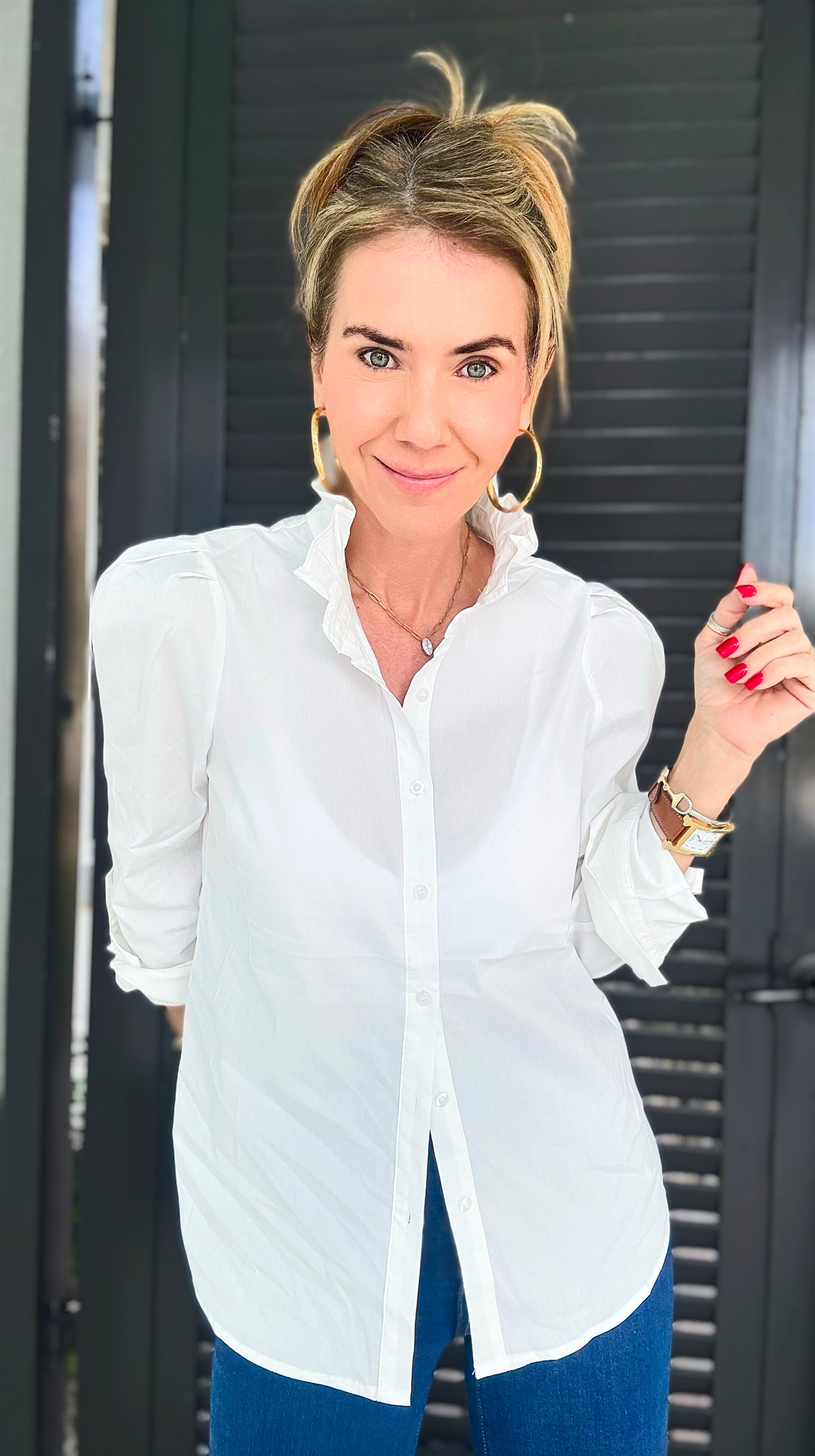 The Caprice Ruffle Collar Staple Shirt-130 Long Sleeve Tops-MICHEL-Coastal Bloom Boutique, find the trendiest versions of the popular styles and looks Located in Indialantic, FL