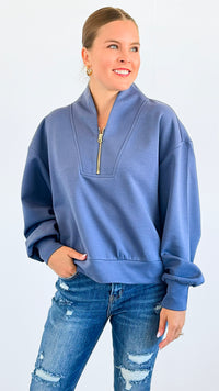 Zip-Up Scuba Long Sleeve Sweatshirt - Denim-110 Short Sleeve Tops-BucketList-Coastal Bloom Boutique, find the trendiest versions of the popular styles and looks Located in Indialantic, FL