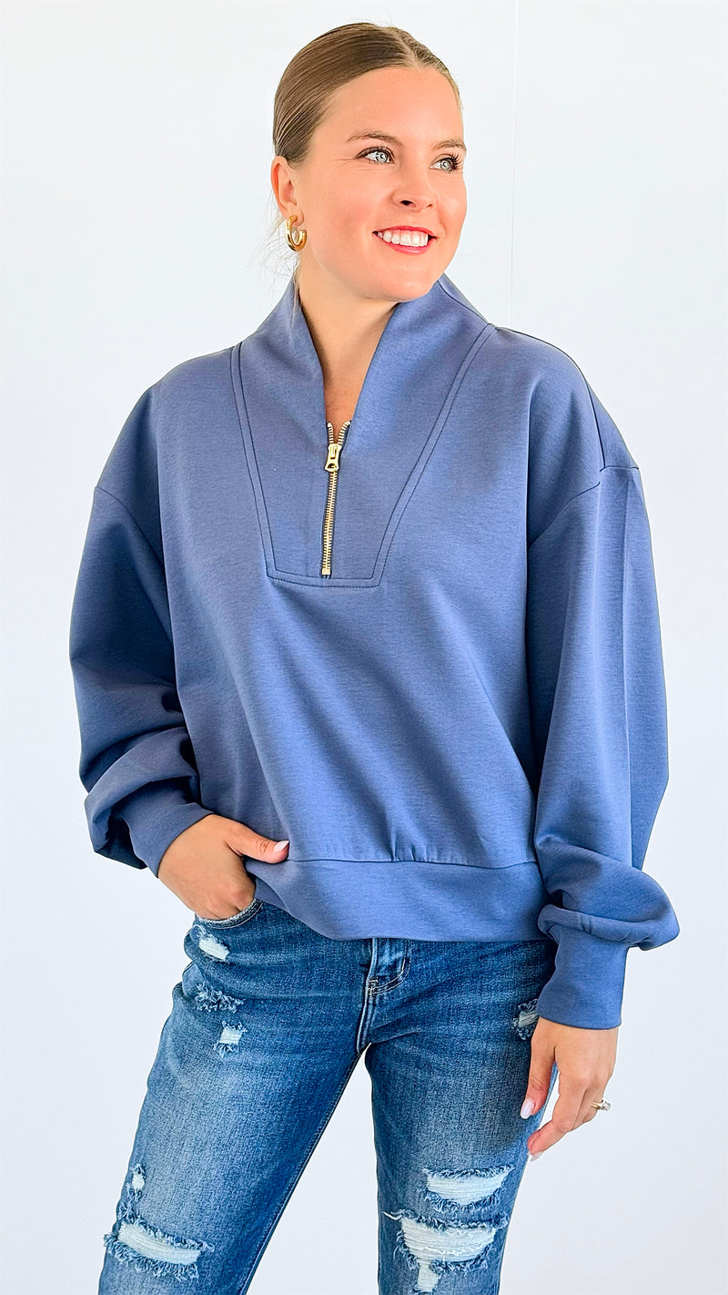 Zip-Up Scuba Long Sleeve Sweatshirt - Denim-110 Short Sleeve Tops-BucketList-Coastal Bloom Boutique, find the trendiest versions of the popular styles and looks Located in Indialantic, FL