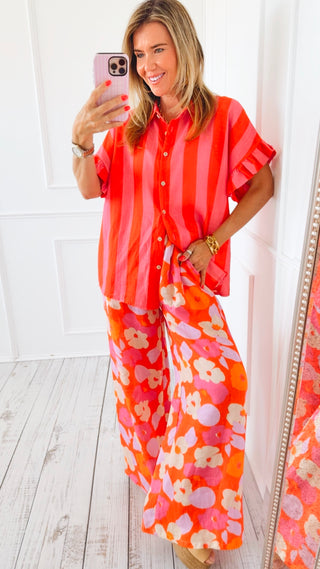 Ruffle Me Up Italian Button Top- Orange/Pink