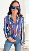 Tommy Pinstripe Blouse - Blue-130 Long Sleeve Tops-HIGH MJ / Michel-Coastal Bloom Boutique, find the trendiest versions of the popular styles and looks Located in Indialantic, FL