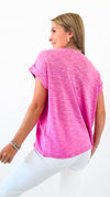 Comfy Everyday Rolled Sleeve Slub Top - Candy Pink-110 Short Sleeve Tops-Zenana-Coastal Bloom Boutique, find the trendiest versions of the popular styles and looks Located in Indialantic, FL