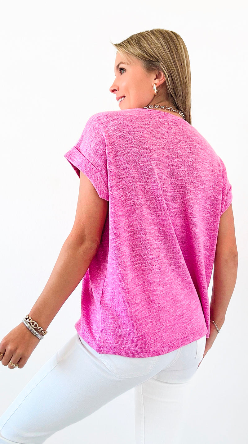 Comfy Everyday Rolled Sleeve Slub Top - Candy Pink-110 Short Sleeve Tops-Zenana-Coastal Bloom Boutique, find the trendiest versions of the popular styles and looks Located in Indialantic, FL