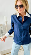 Ladies Two Button Collar French Cuff Navy Shirt-130 Long Sleeve Tops-Grenouille-Coastal Bloom Boutique, find the trendiest versions of the popular styles and looks Located in Indialantic, FL