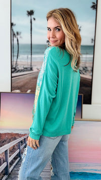 Gold and Silver Foil Italian Sweater - Aqua-140 Sweaters-moda italia-Coastal Bloom Boutique, find the trendiest versions of the popular styles and looks Located in Indialantic, FL