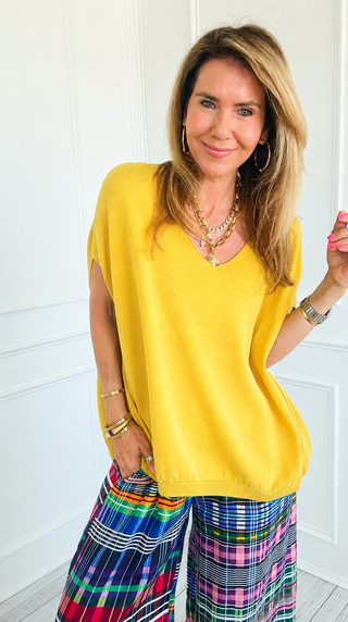 Quiet Luxury Max V- Neck Sleeveless Italian Knit Top- Yellow