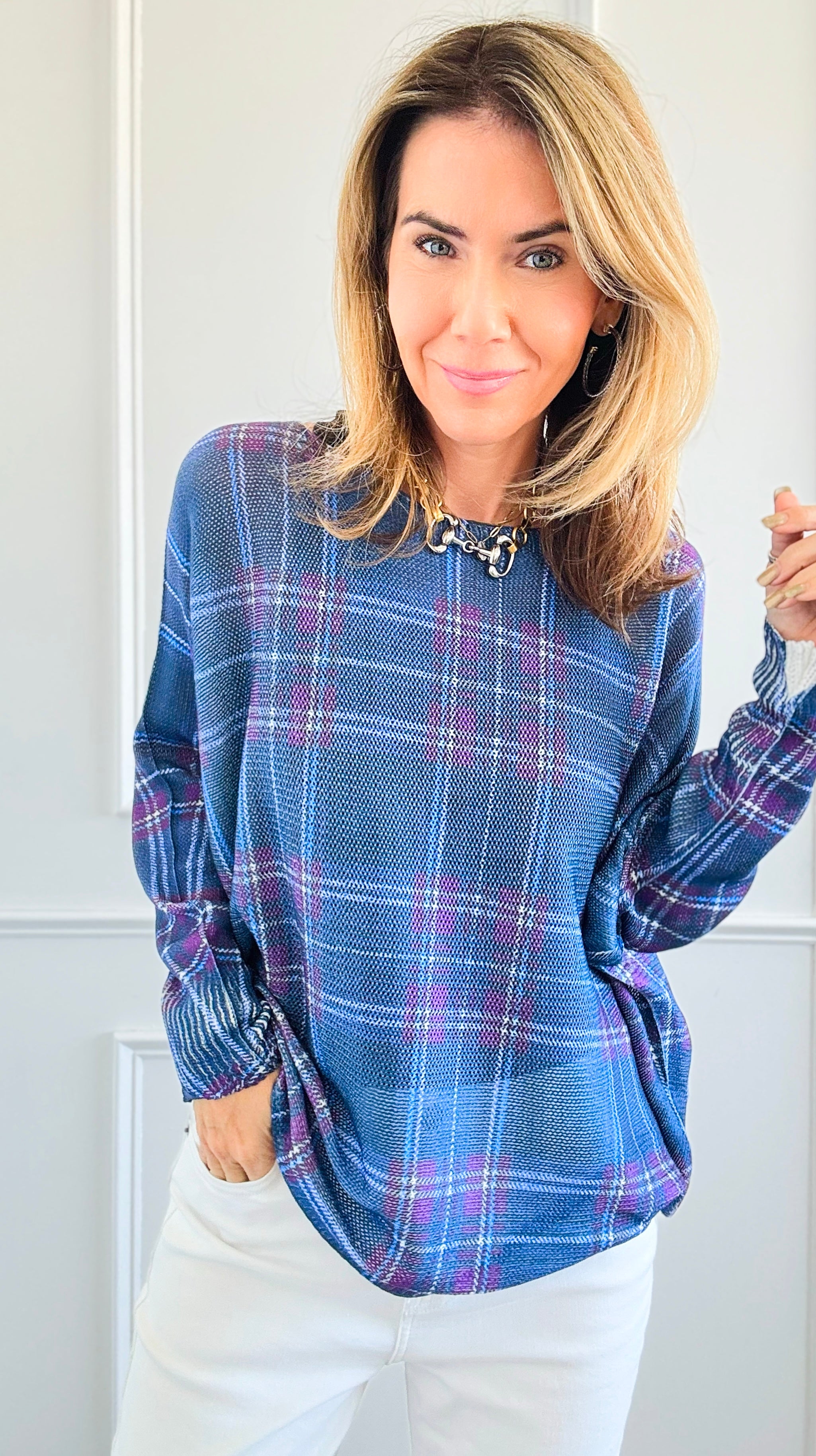 Festive Plaid St Tropez Italian Knit Sweater- Cobalt Blue-140 Sweaters-Italianissimo-Coastal Bloom Boutique, find the trendiest versions of the popular styles and looks Located in Indialantic, FL