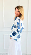 Noir Petals Short Sleeve Italian St Tropez Knit- Blue-140 Sweaters-Italianissimo-Coastal Bloom Boutique, find the trendiest versions of the popular styles and looks Located in Indialantic, FL