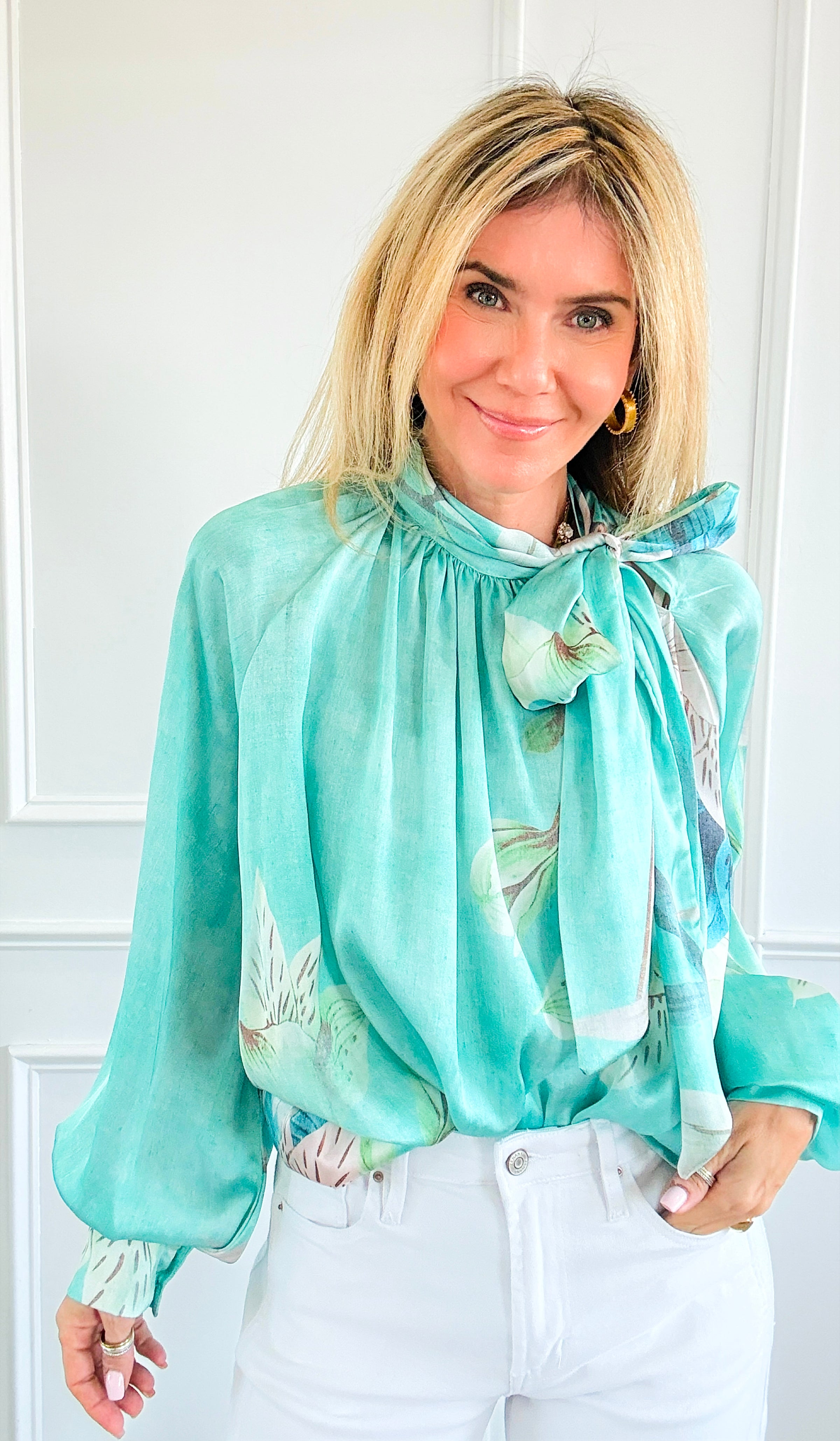 Blooming Tie Neck Button Italian Top