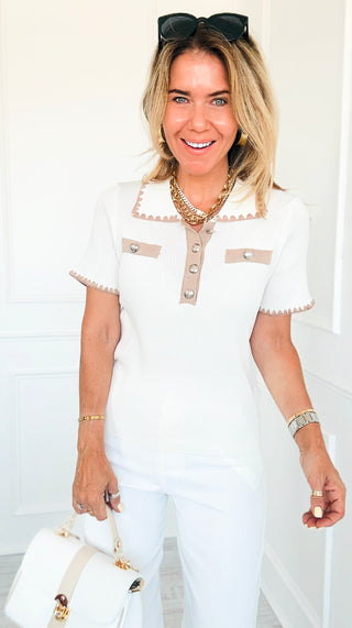 Contrast Collar Ribbed Top