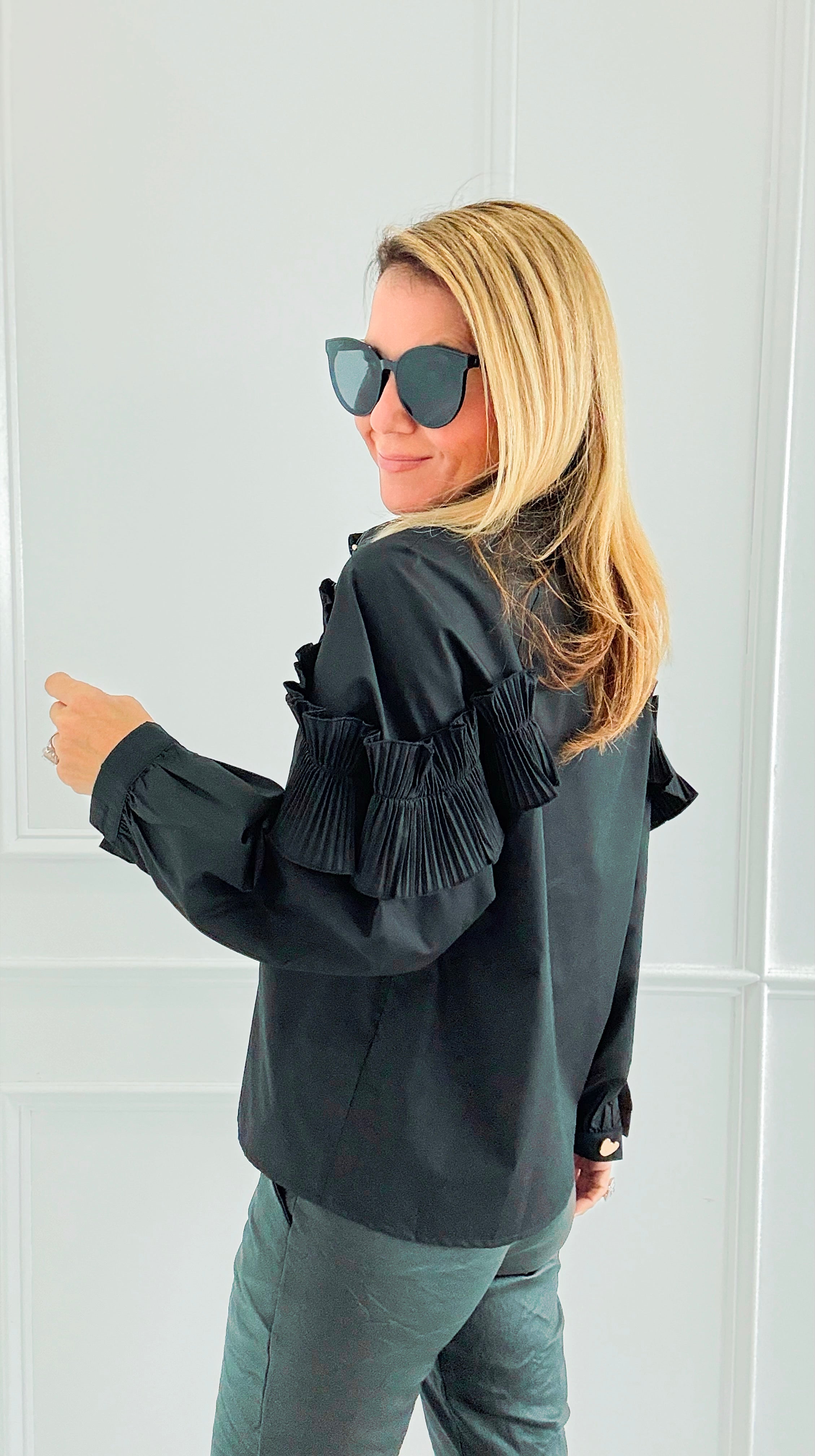 Ruffle Detail Button Down Blouse-130 Long Sleeve Tops-PASTEL DESIGN-Coastal Bloom Boutique, find the trendiest versions of the popular styles and looks Located in Indialantic, FL