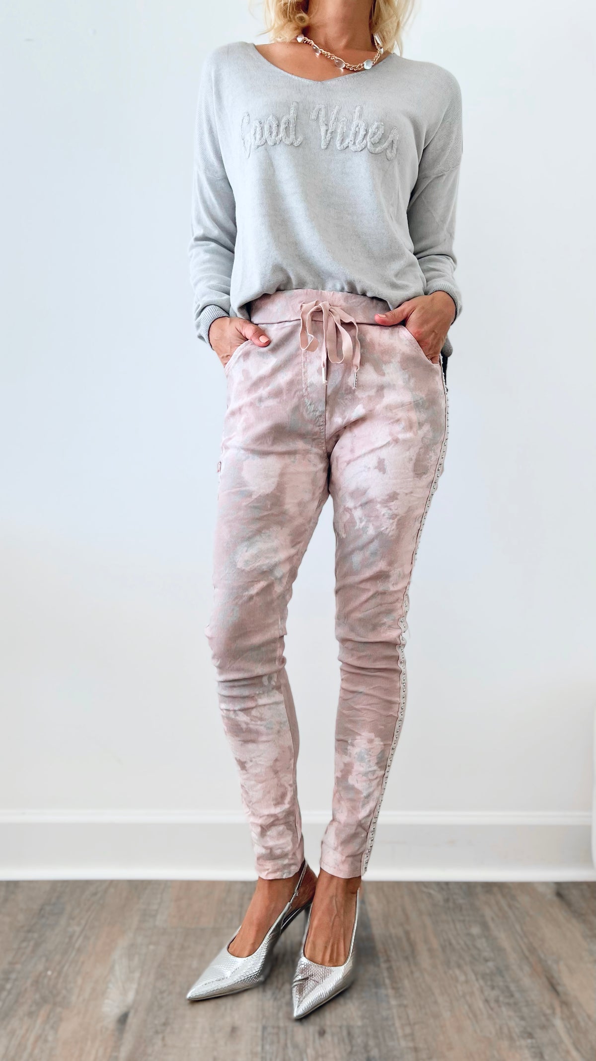 Silver Splatter Italian Crinkle Joggers - Blush-180 Joggers-Look Mode-Coastal Bloom Boutique, find the trendiest versions of the popular styles and looks Located in Indialantic, FL