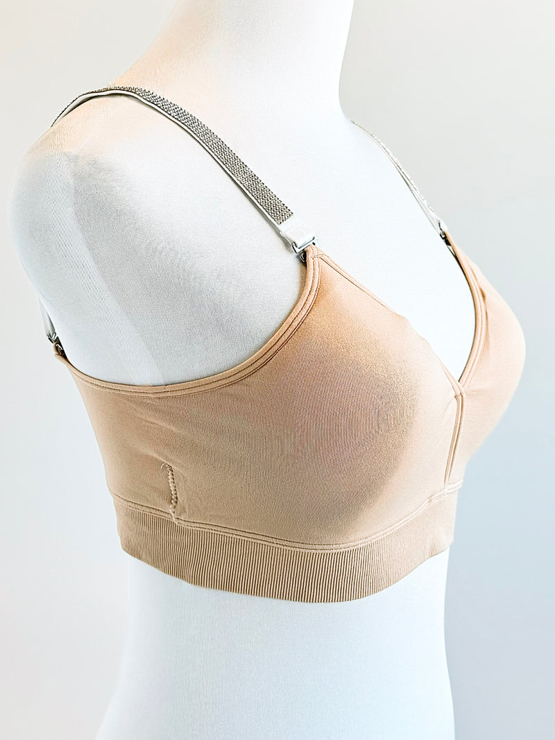 Strap Situation Bra - Nude W White Crystal Plunge-220 Intimates-Strap-its-Coastal Bloom Boutique, find the trendiest versions of the popular styles and looks Located in Indialantic, FL