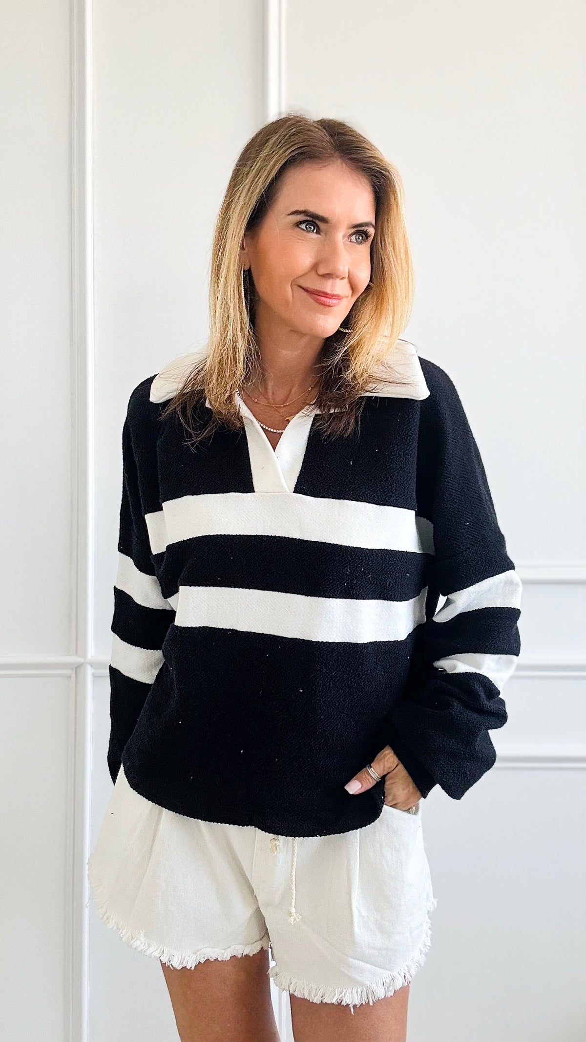 Striped Collared Neck Top - Black-130 Long Sleeve Tops-BucketList-Coastal Bloom Boutique, find the trendiest versions of the popular styles and looks Located in Indialantic, FL