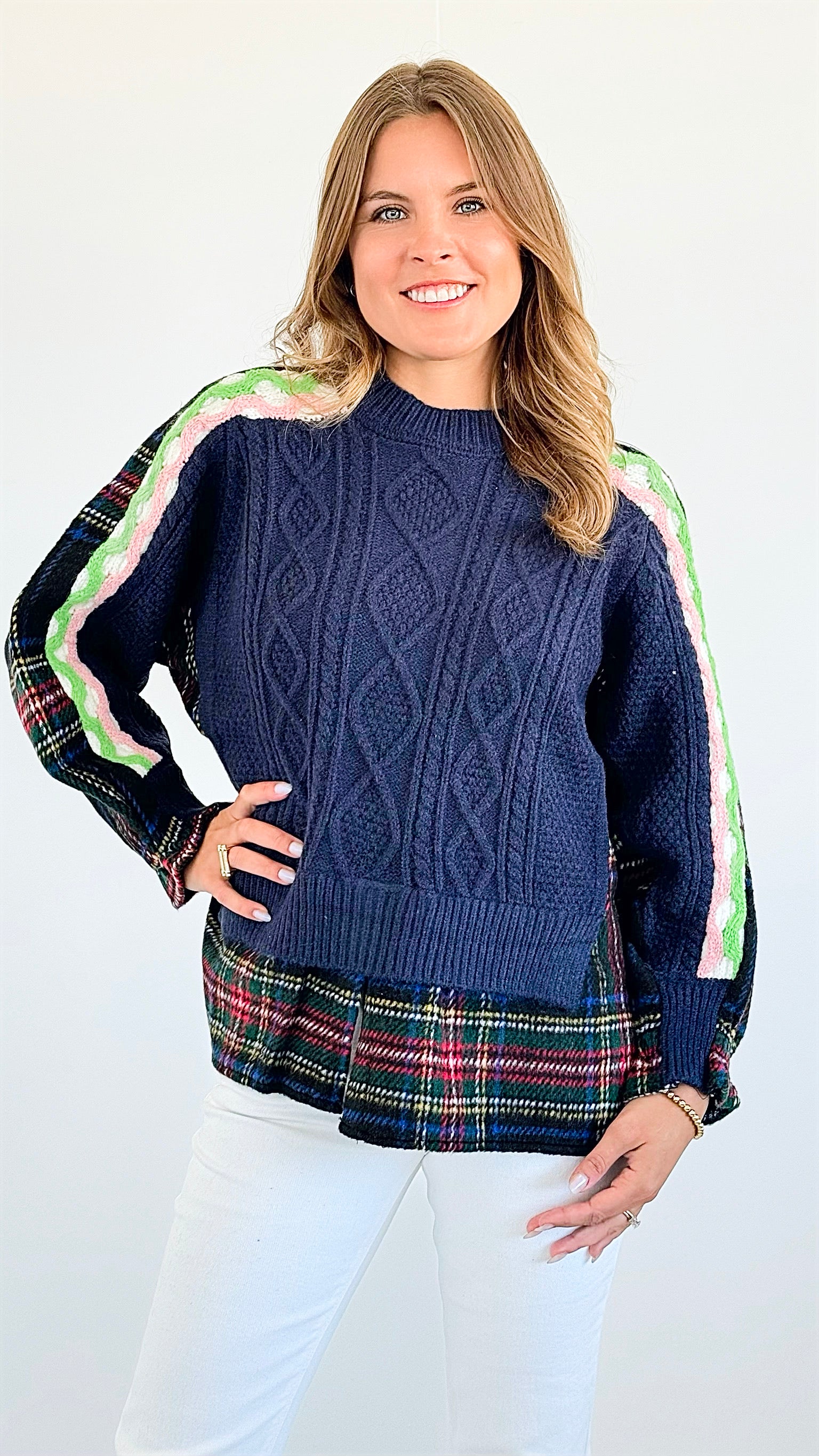 Highland Knit Patchwork Sweater - Navy-140 Sweaters-Cezele-Coastal Bloom Boutique, find the trendiest versions of the popular styles and looks Located in Indialantic, FL