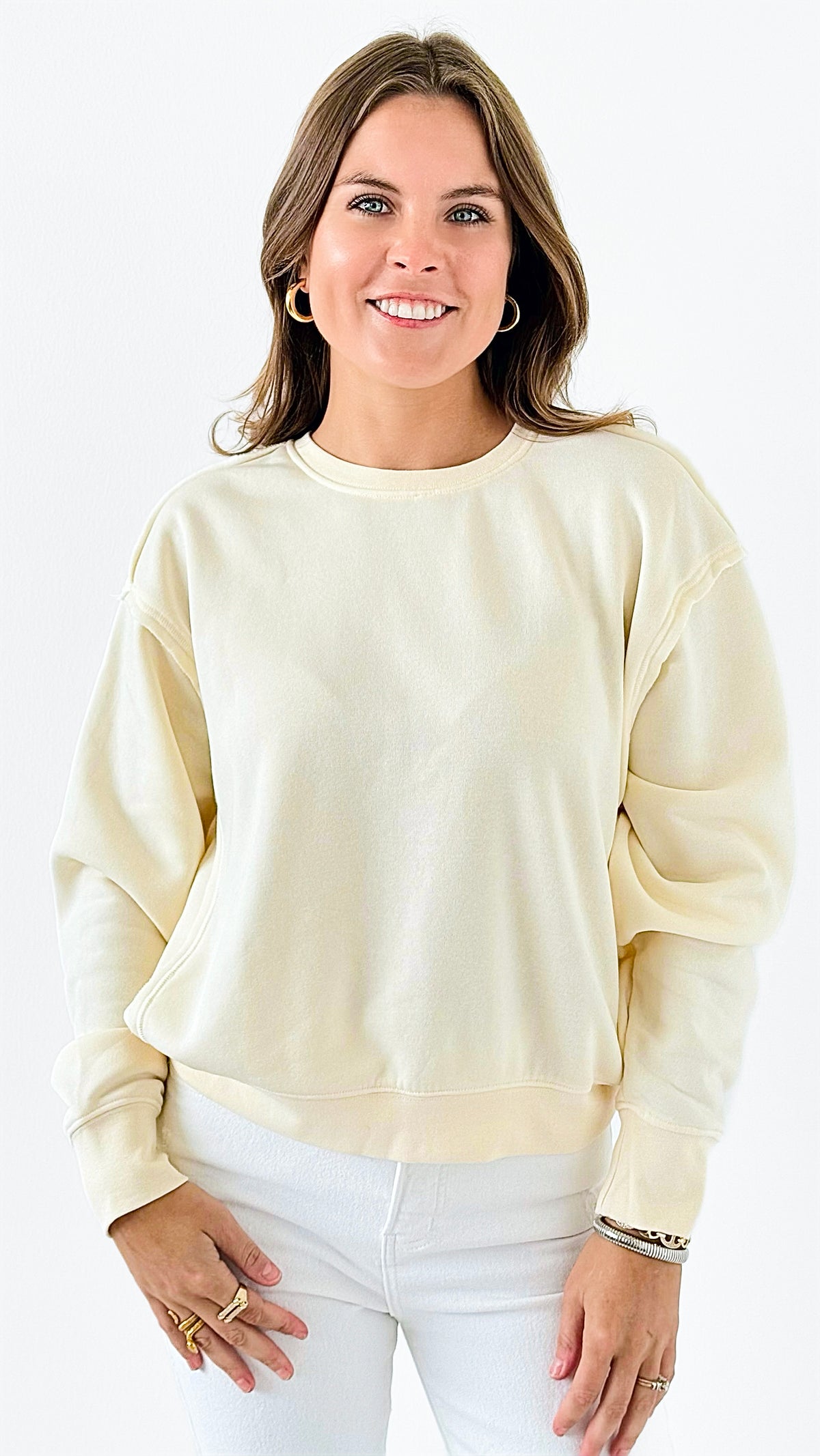 French Terry Sweatshirt - Cream-130 Long Sleeve Tops-HYFVE-Coastal Bloom Boutique, find the trendiest versions of the popular styles and looks Located in Indialantic, FL