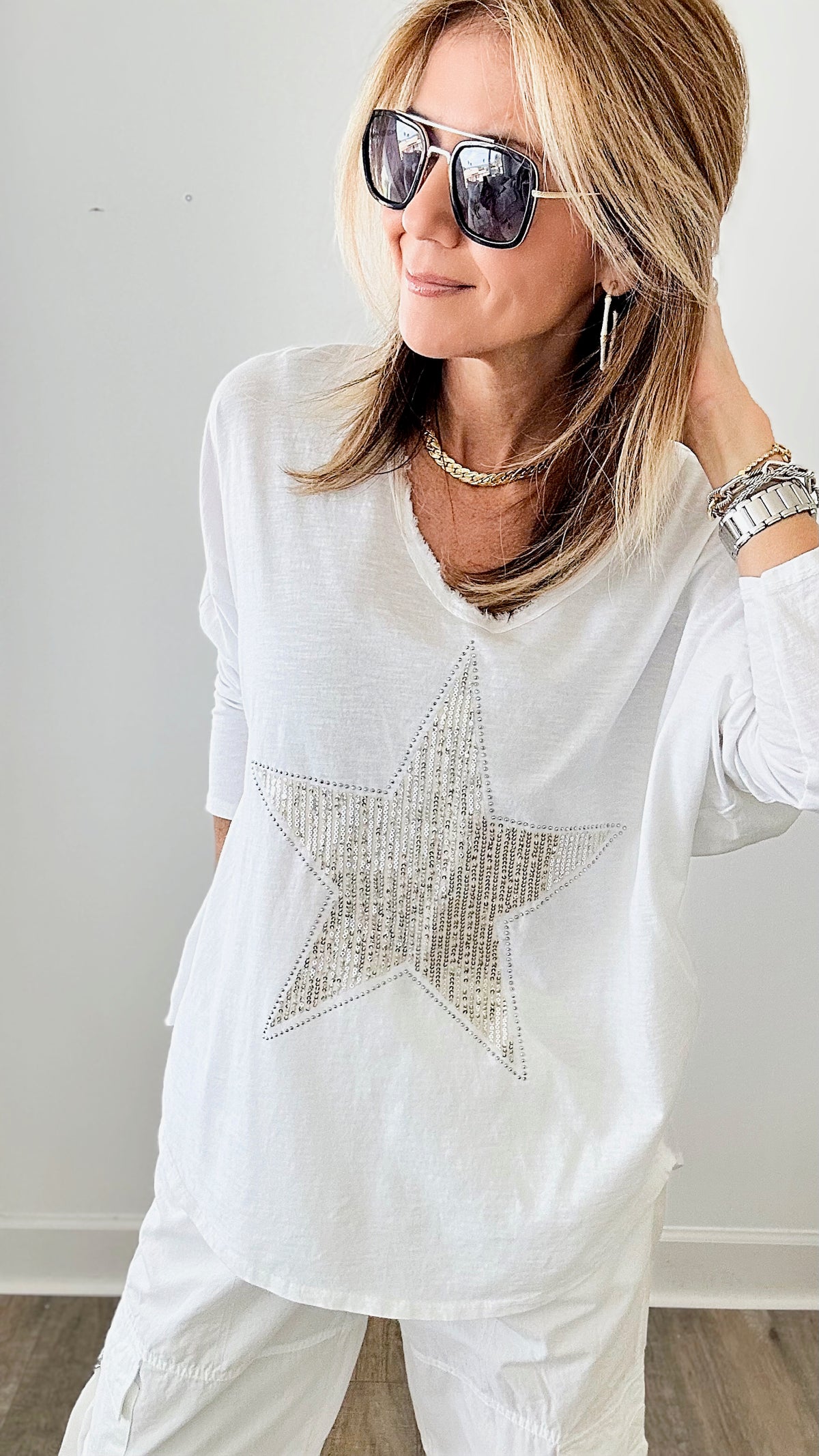 Italian Black Sequin Star V Neck Long Sleeve Top - White-130 Long sleeve top-VENTI6 OUTLET-Coastal Bloom Boutique, find the trendiest versions of the popular styles and looks Located in Indialantic, FL