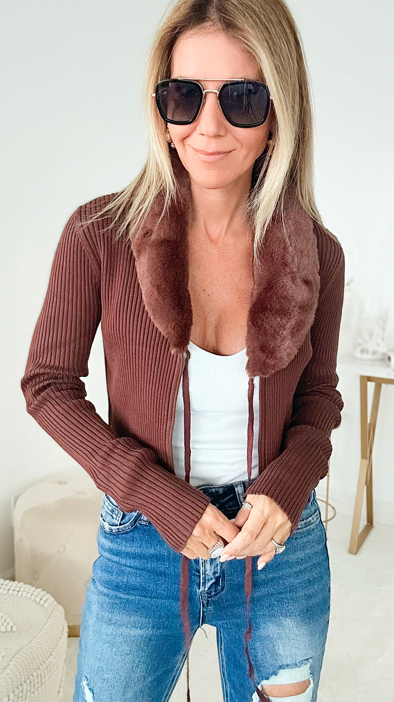 Fluffy Collar Tie Cardigan - Brown-160 Jackets-Love Tree Fashion-Coastal Bloom Boutique, find the trendiest versions of the popular styles and looks Located in Indialantic, FL