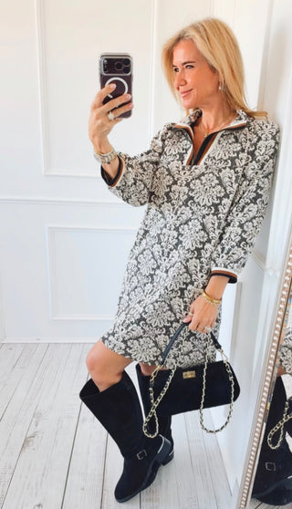 Damask Quarter Zip Shift Dress