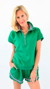 Ruffle Collar Zip Front Knit Top & Shorts Set - Green-110 short Sleeve Top-Umgee-Coastal Bloom Boutique, find the trendiest versions of the popular styles and looks Located in Indialantic, FL
