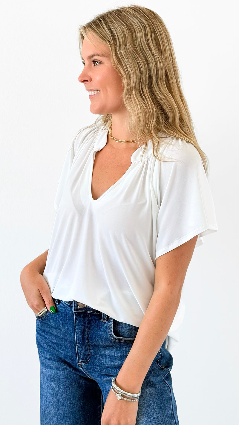 Flutter Away Pleated Top - Ivory-110 Short Sleeve Tops-Ariella-Coastal Bloom Boutique, find the trendiest versions of the popular styles and looks Located in Indialantic, FL