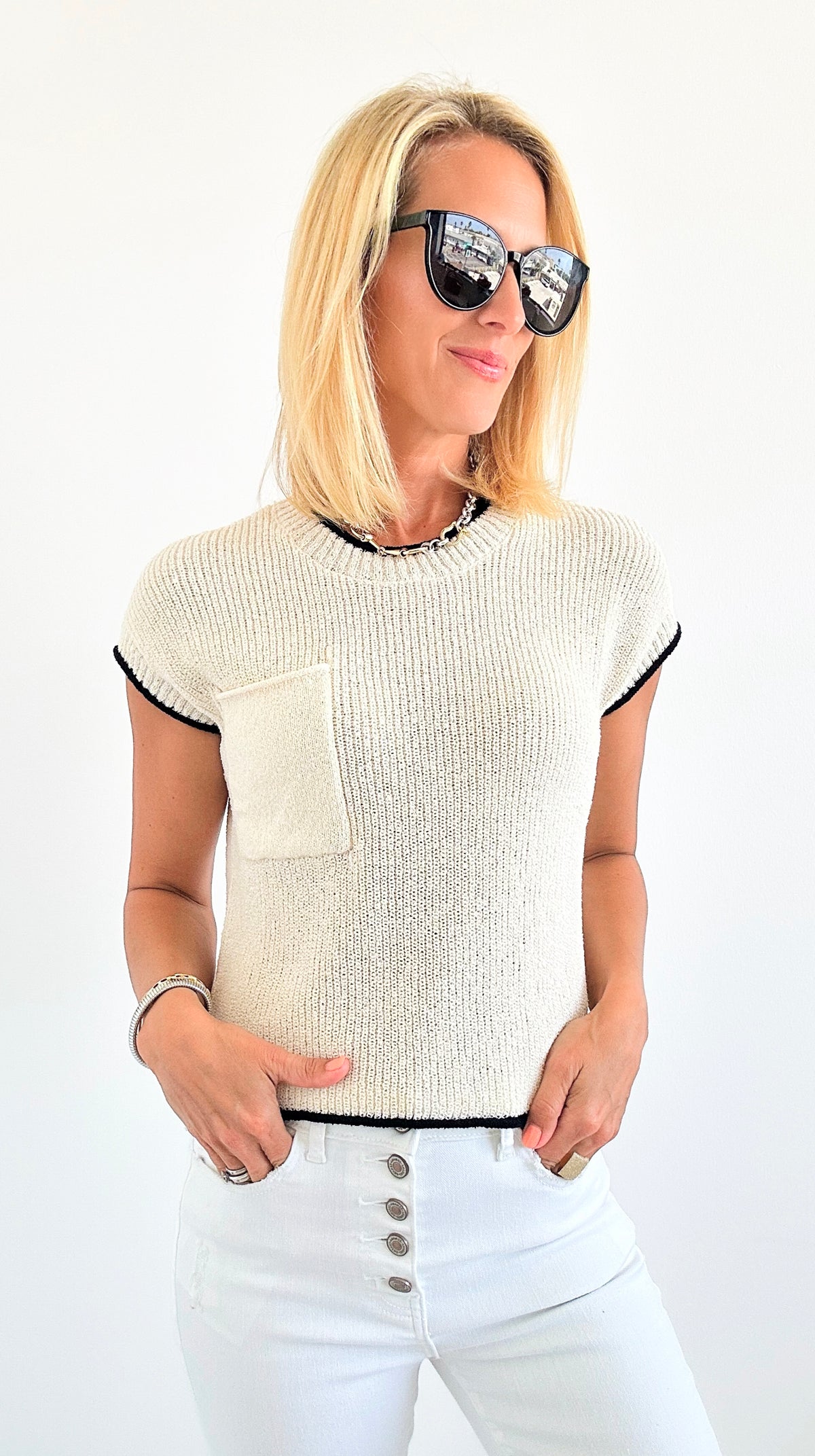 Contrast Trim Pocket Detail Sweater- Oatmeal-110 Short Sleeve Tops-Blu Pepper-Coastal Bloom Boutique, find the trendiest versions of the popular styles and looks Located in Indialantic, FL