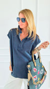 Weekend Ease Washed Collar Top - Navy-110 Short Sleeve Tops-White Birch-Coastal Bloom Boutique, find the trendiest versions of the popular styles and looks Located in Indialantic, FL