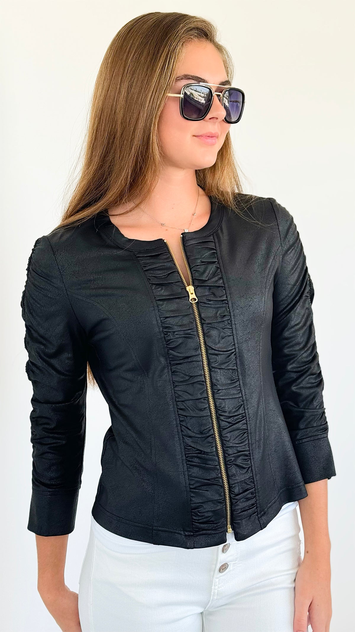 Ruched Zip-Up Leather Jacket-160 Jackets-Clara Sun Woo-Coastal Bloom Boutique, find the trendiest versions of the popular styles and looks Located in Indialantic, FL