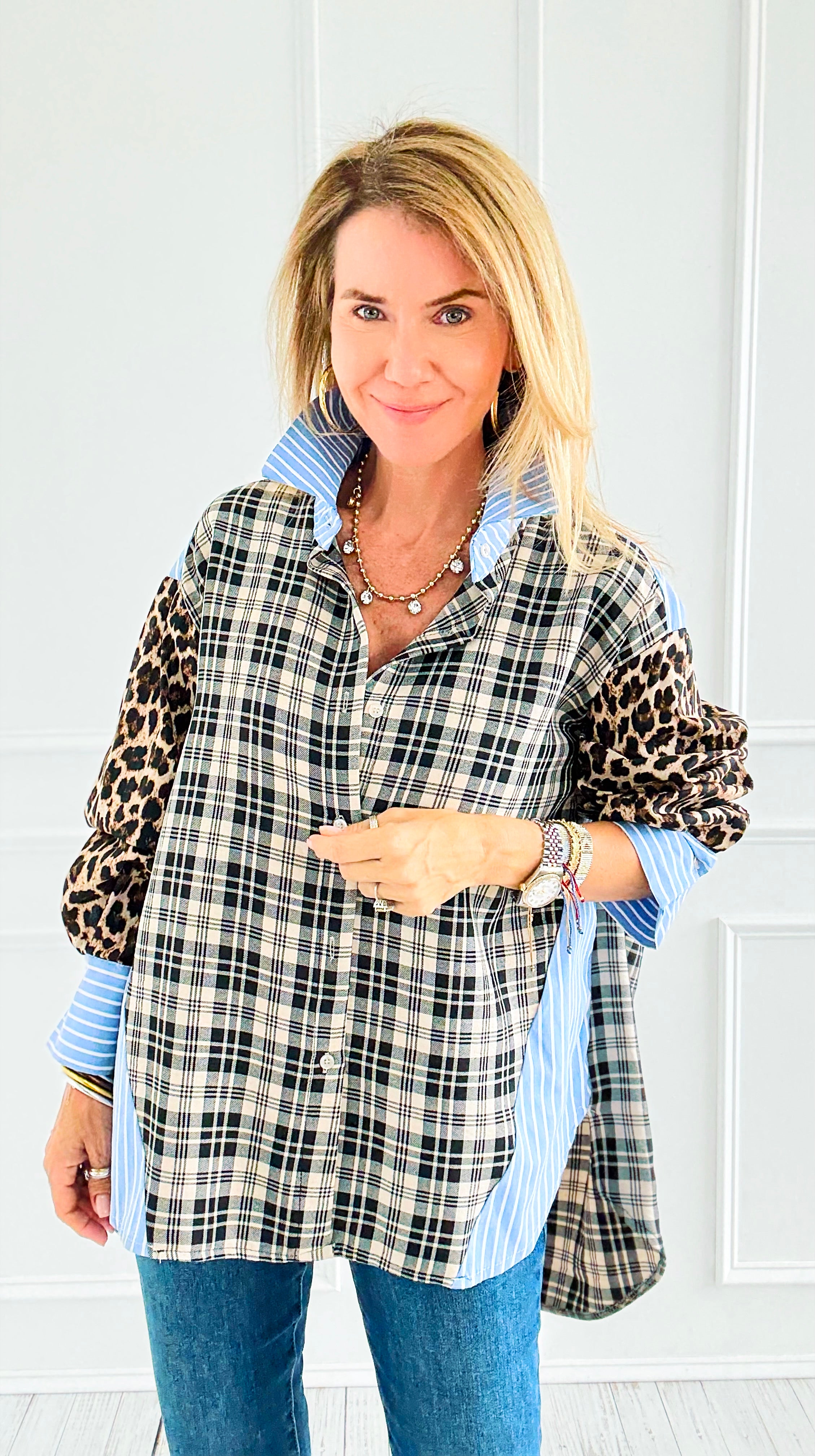 Plaid Instinct Italian Button Down Blouse-110 Long Sleeve Tops-TATTOO Z-Coastal Bloom Boutique, find the trendiest versions of the popular styles and looks Located in Indialantic, FL