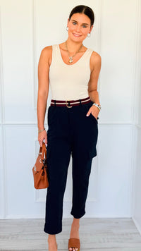 Trendy Belted Cargo Italian Jogger Pants- Navy-100 Pants-AZUL MONACO-Coastal Bloom Boutique, find the trendiest versions of the popular styles and looks Located in Indialantic, FL
