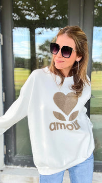 Amour Italian Sweatshirt - White/Taupe-140 Sweaters-Germany-Coastal Bloom Boutique, find the trendiest versions of the popular styles and looks Located in Indialantic, FL