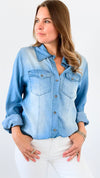 The Everyday Button-Up Denim Blouse-110 Long Sleeve Tops-VENTI6 OUTLET-Coastal Bloom Boutique, find the trendiest versions of the popular styles and looks Located in Indialantic, FL