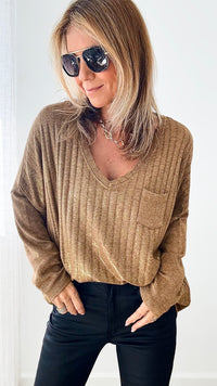 Shimmer and Shine V-Neck Italian Ribbed Pullover - Camel-140 Sweaters-Germany-Coastal Bloom Boutique, find the trendiest versions of the popular styles and looks Located in Indialantic, FL