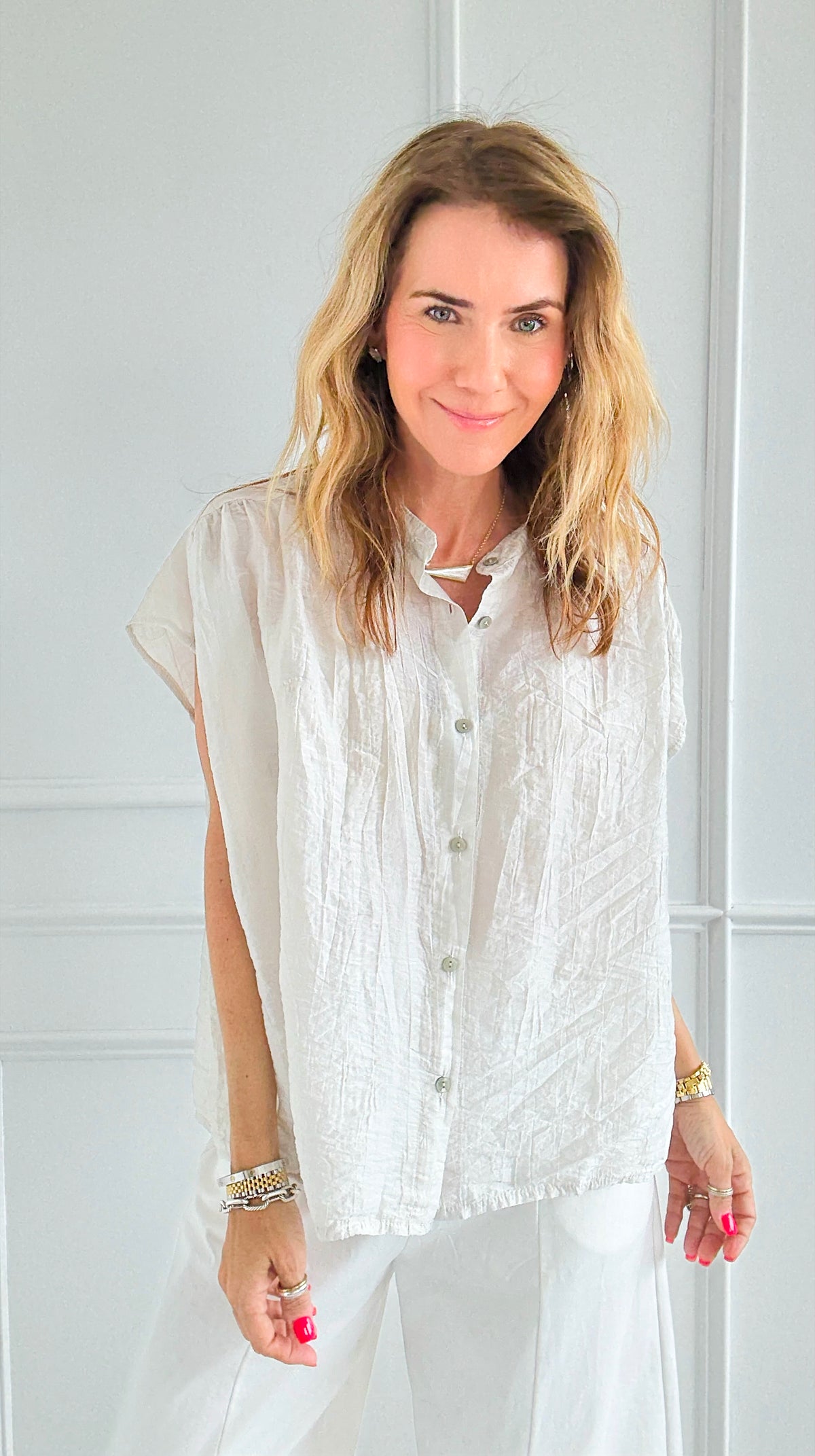 Flirty Relaxed Italian Button Down Top- Ecru-170 Bottoms-Italianissimo-Coastal Bloom Boutique, find the trendiest versions of the popular styles and looks Located in Indialantic, FL