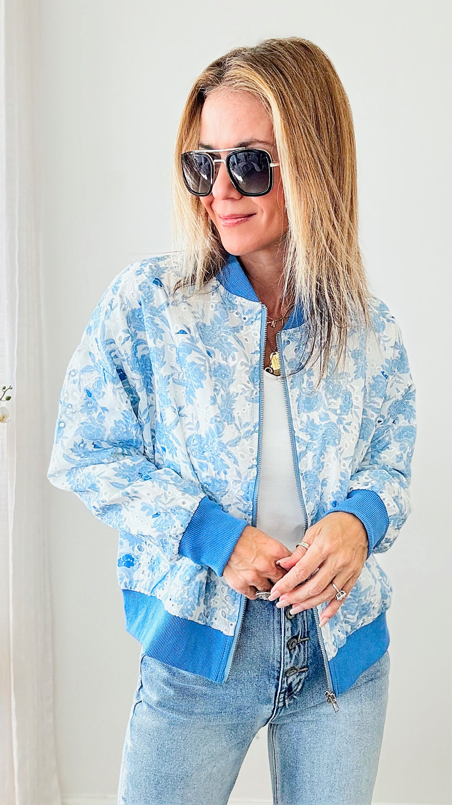 French Blue Floral Eyelet Bomber-160 Jackets-GIGIO-Coastal Bloom Boutique, find the trendiest versions of the popular styles and looks Located in Indialantic, FL