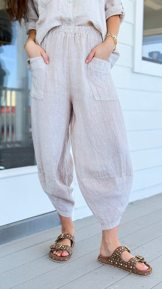 La Spezia Barrel Linen Italian Pant- Beige