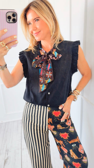 Floral Scarf Ruffle Sleeve Italian Top