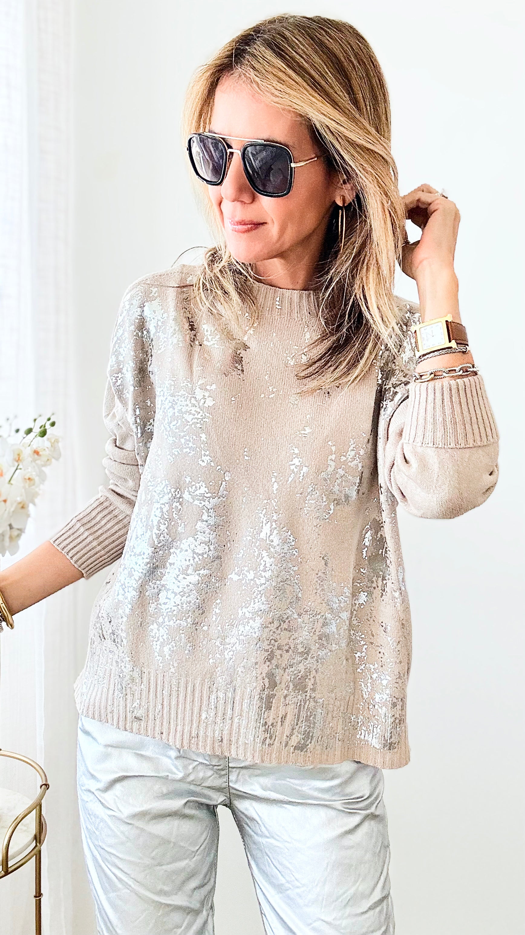 Boatneck Italian Silver Foil Sweater-140 Sweaters-Look Mode-Coastal Bloom Boutique, find the trendiest versions of the popular styles and looks Located in Indialantic, FL