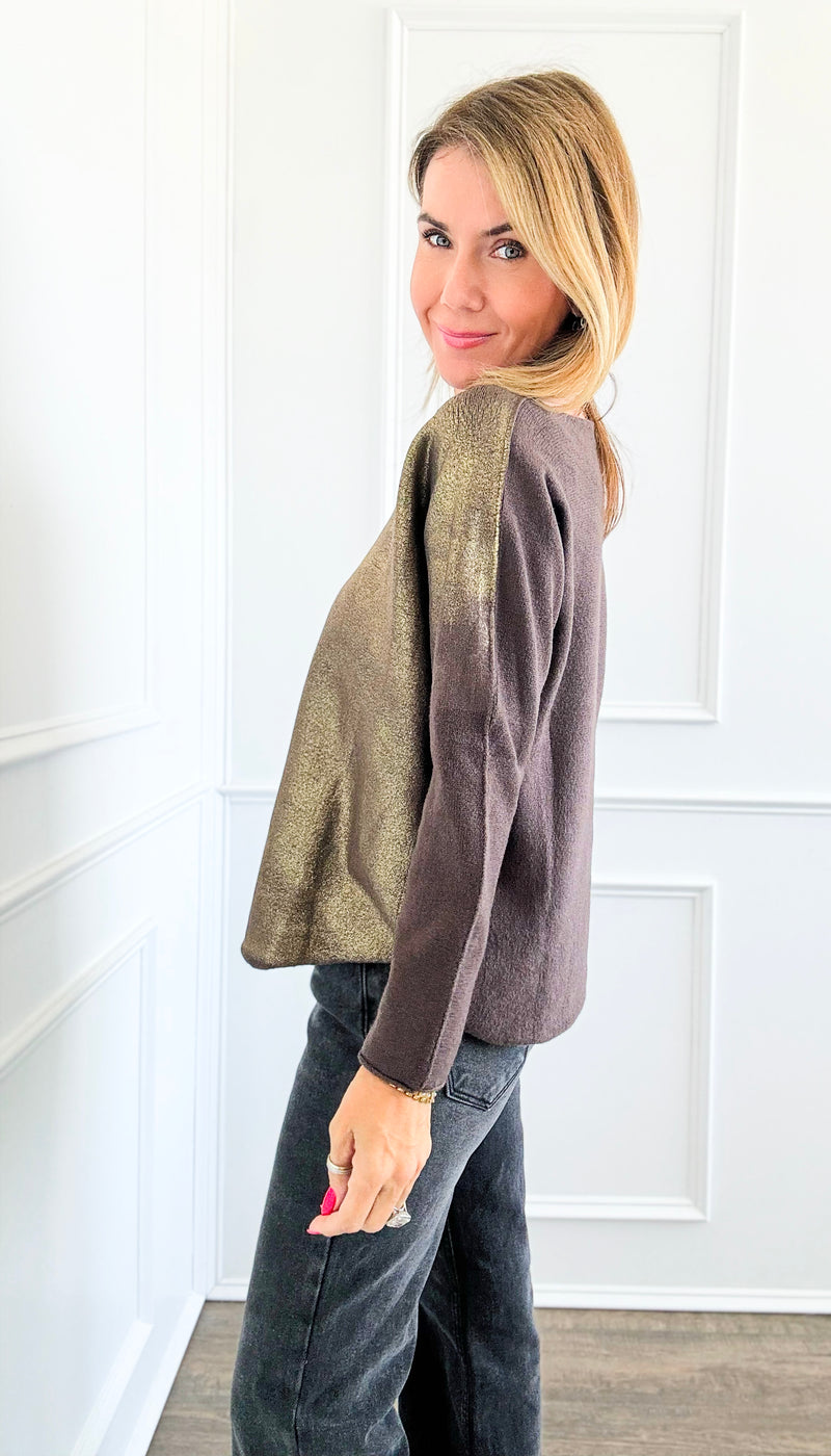 Gold Shine V-Neck Italian Pullover- Brown-140 Sweaters-Italianissimo-Coastal Bloom Boutique, find the trendiest versions of the popular styles and looks Located in Indialantic, FL