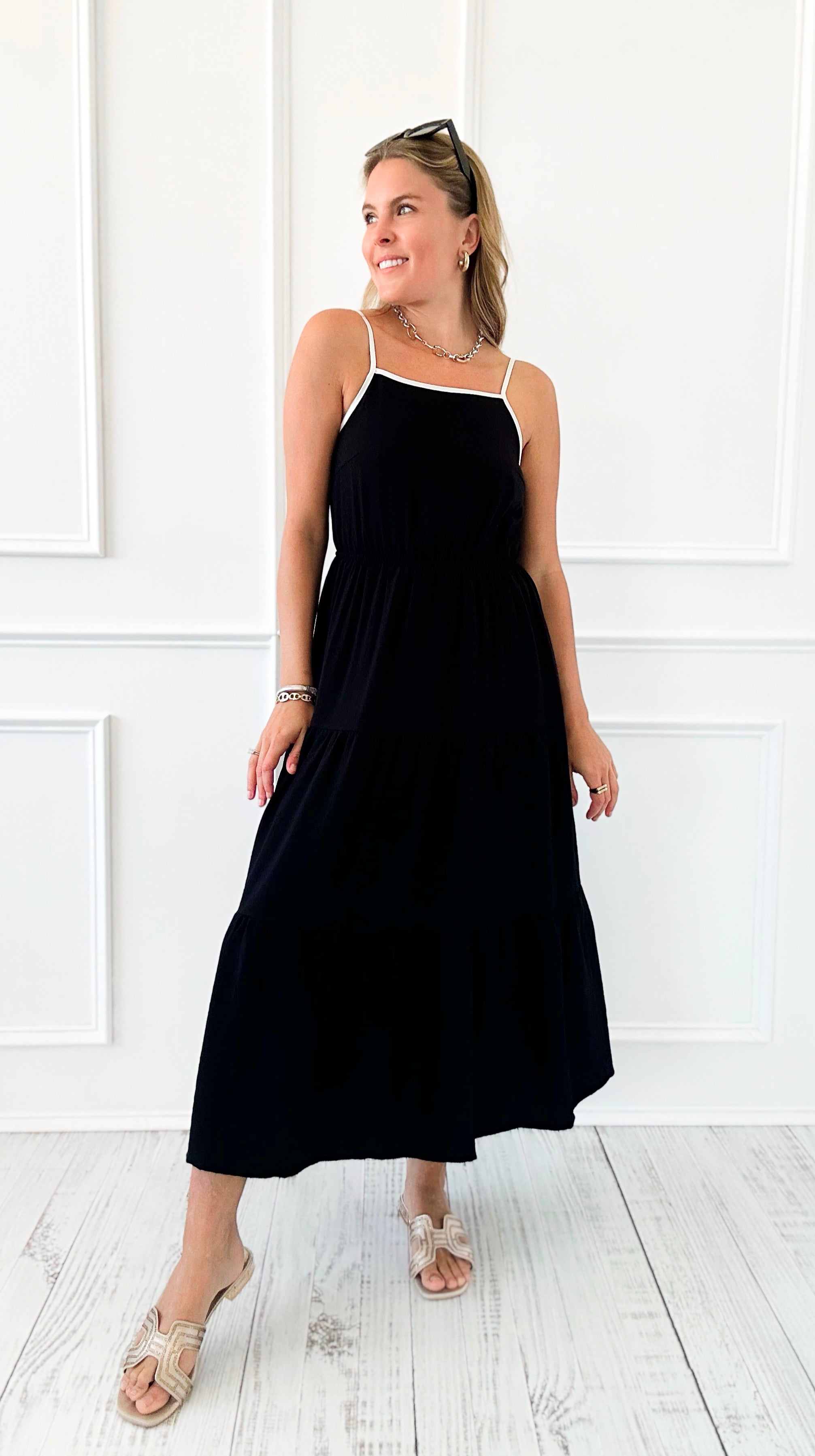 Back Tie Tiered Midi Dress-Black-200 Dresses/Jumpsuits/Rompers-Blu Pepper-Coastal Bloom Boutique, find the trendiest versions of the popular styles and looks Located in Indialantic, FL