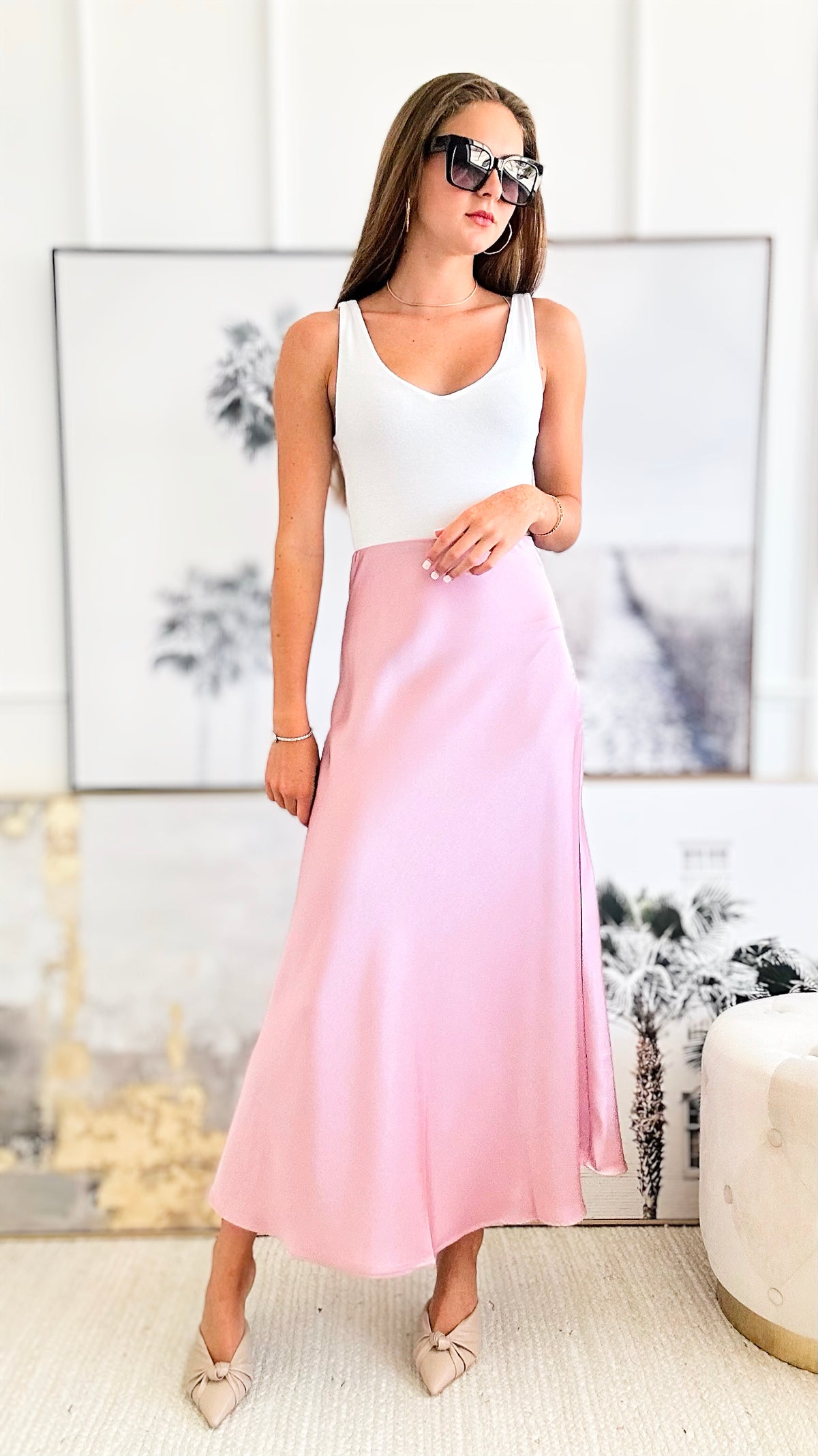 Tulip Satin Midi Skirt-170 Bottoms-TABA-Coastal Bloom Boutique, find the trendiest versions of the popular styles and looks Located in Indialantic, FL