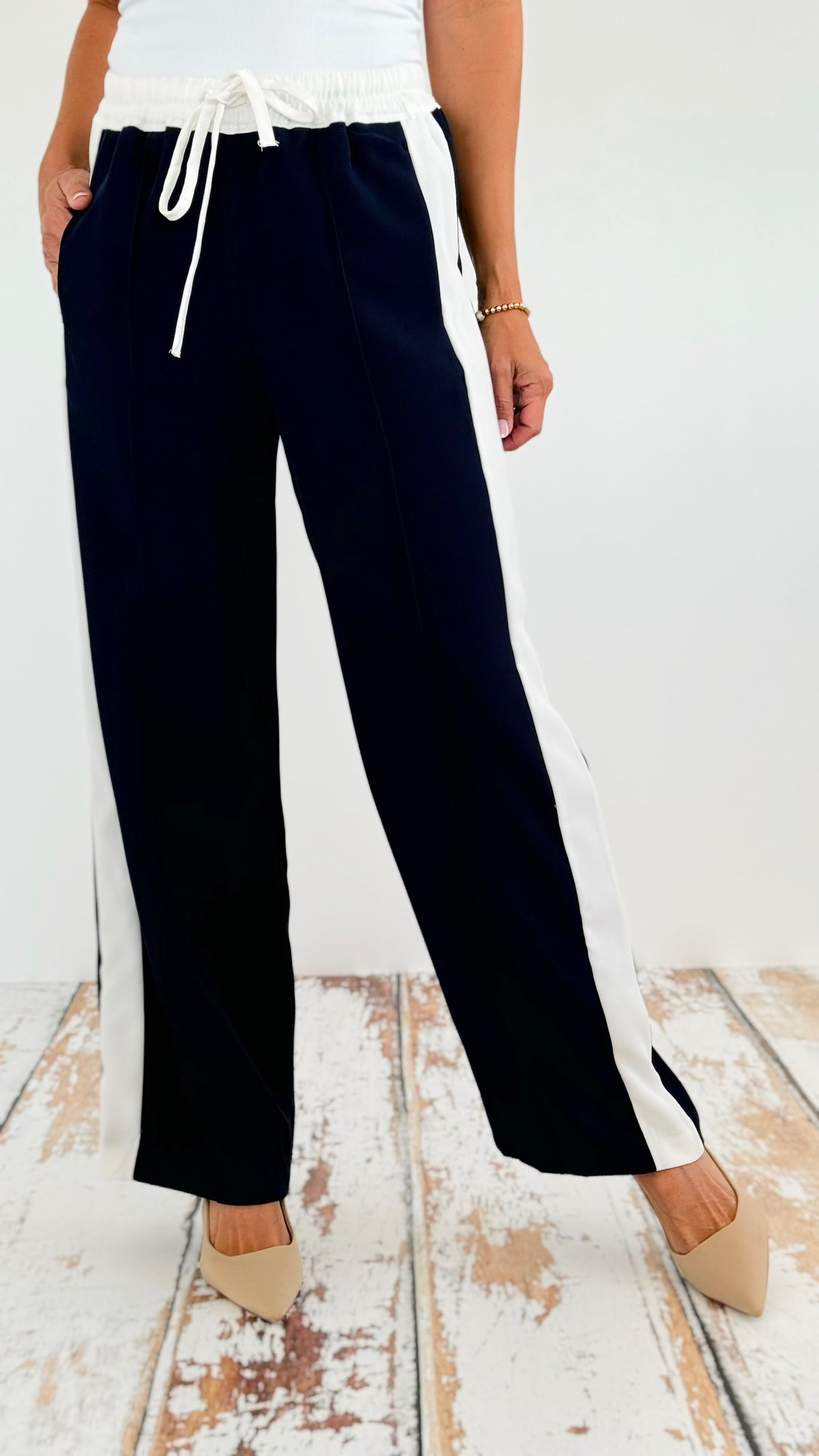 Striped Straight Pants - Navy-170 Bottoms-EESOME-Coastal Bloom Boutique, find the trendiest versions of the popular styles and looks Located in Indialantic, FL