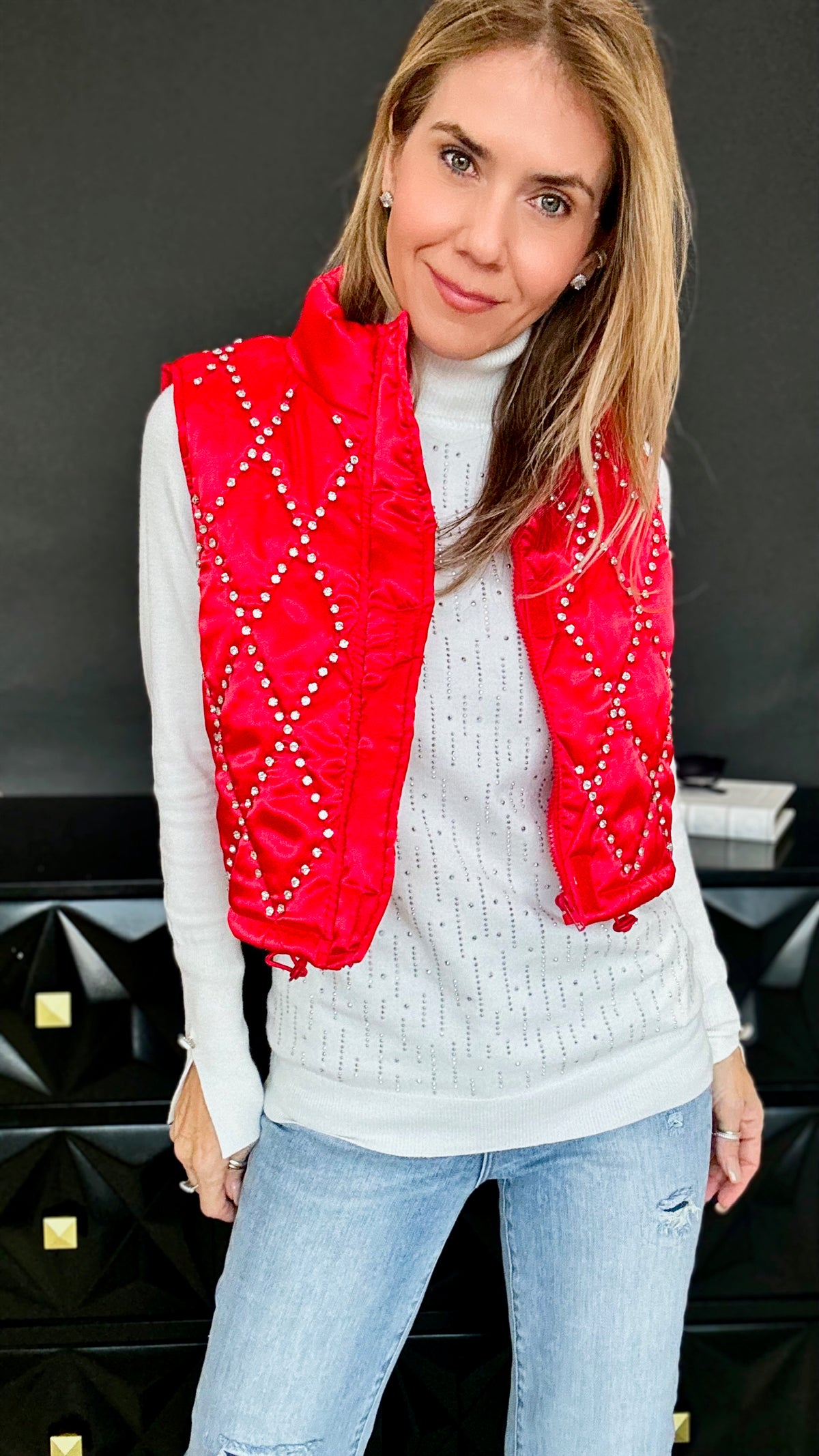 Studded Detail Zip Up Puffer Vest - Red-150 Cardigans/Layers-Blue B-Coastal Bloom Boutique, find the trendiest versions of the popular styles and looks Located in Indialantic, FL