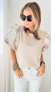 Glossy Floral Puff Sleeve Ribbed Blouse-130 Long Sleeve Tops-T H M L-Coastal Bloom Boutique, find the trendiest versions of the popular styles and looks Located in Indialantic, FL