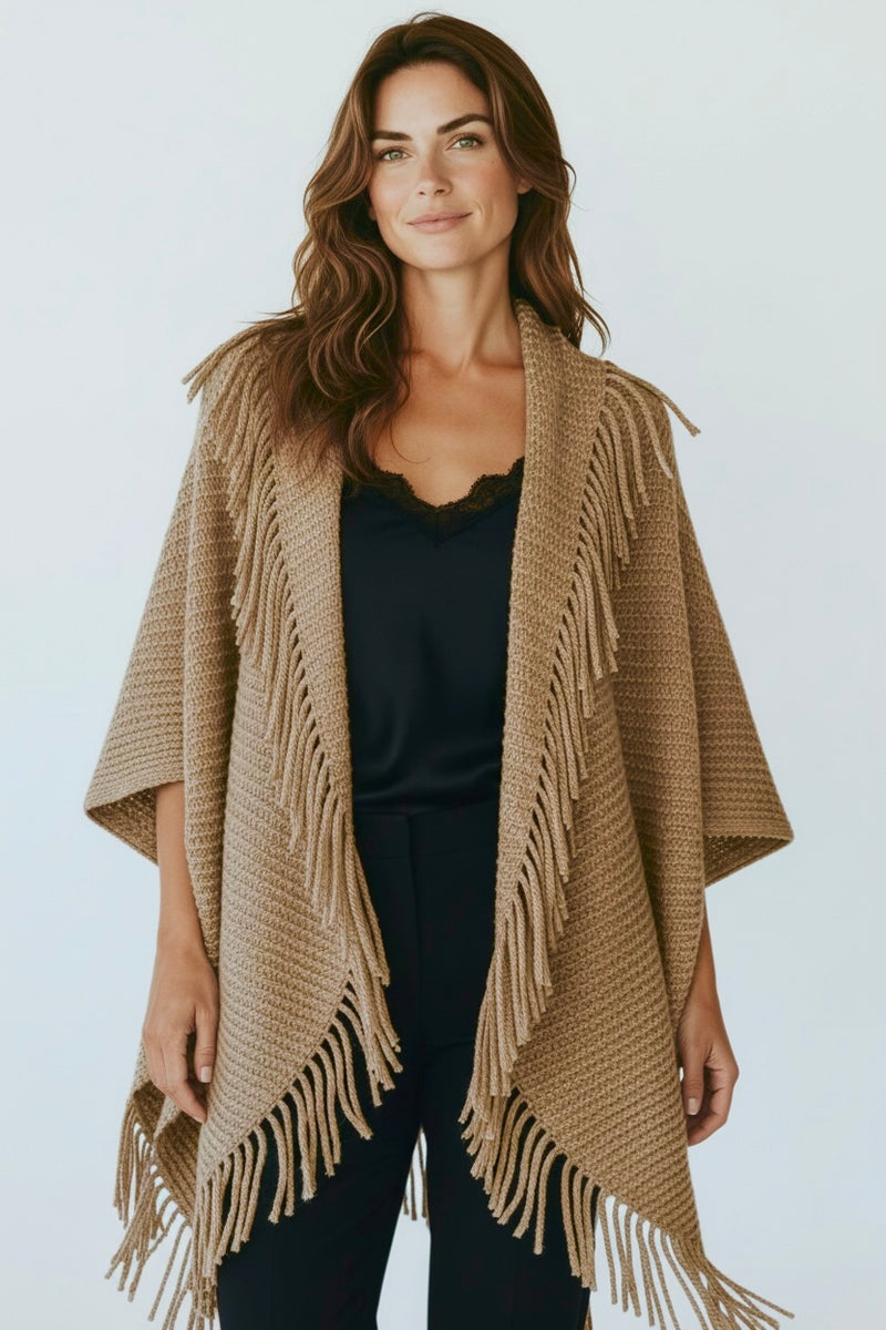 Solid Knit Fringe Trim Cocoon Shawl - Taupe-150 Cardigans/Layers-NYW-Coastal Bloom Boutique, find the trendiest versions of the popular styles and looks Located in Indialantic, FL