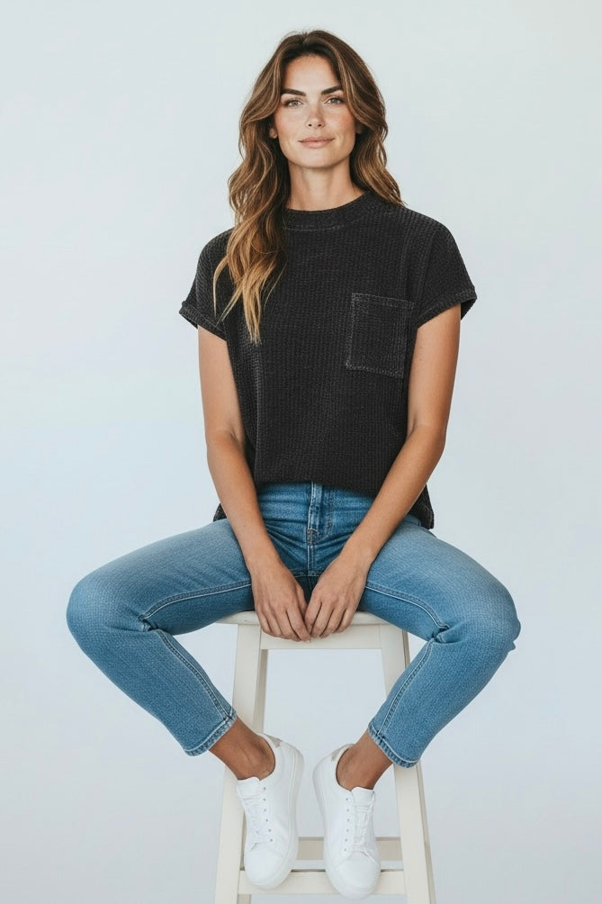 Everyday Waffle Knit Top - Black-110 Short Sleeve Tops-Zenana-Coastal Bloom Boutique, find the trendiest versions of the popular styles and looks Located in Indialantic, FL