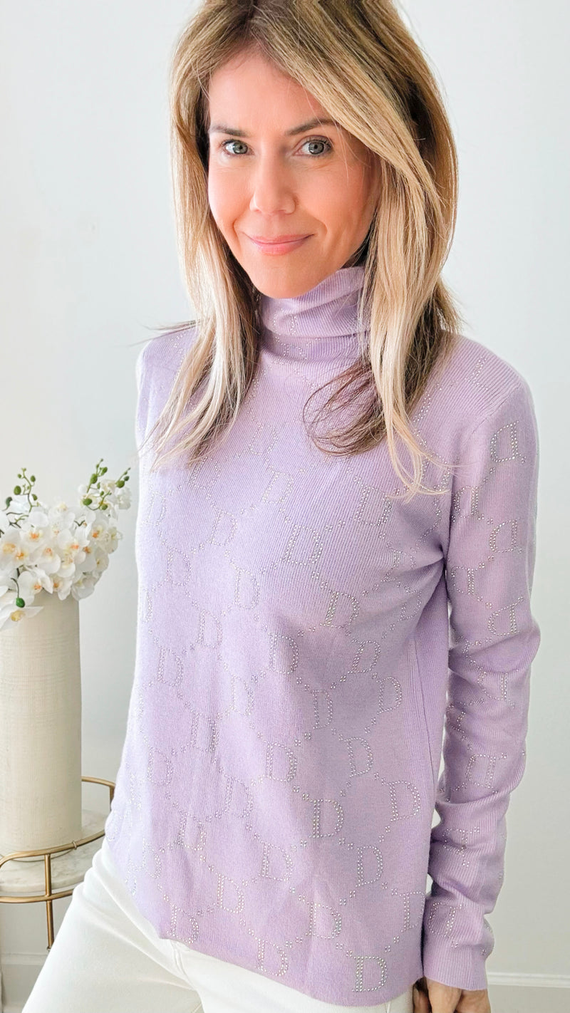 Rhinestones " D Letter" Turtleneck Sweater - Lila-140 Sweaters-CBALY-Coastal Bloom Boutique, find the trendiest versions of the popular styles and looks Located in Indialantic, FL
