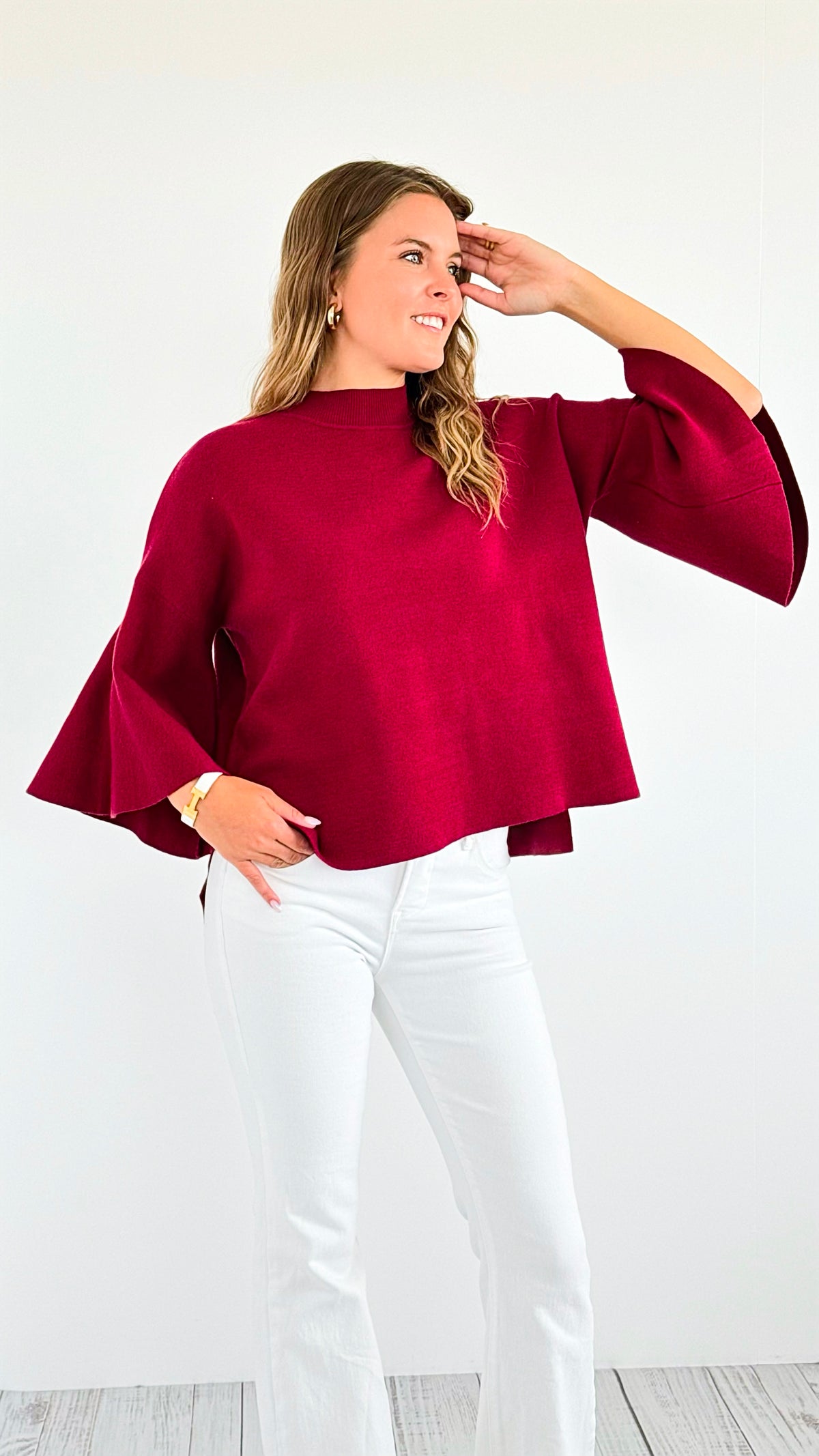 Bell Sleeve Sweater - Cabernet-140 Sweaters-Zenana-Coastal Bloom Boutique, find the trendiest versions of the popular styles and looks Located in Indialantic, FL